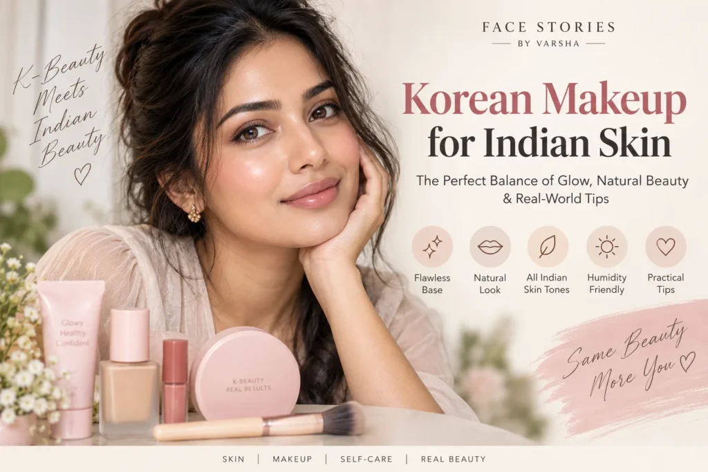 Korean makeup look with a natural dewy finish on Indian skin